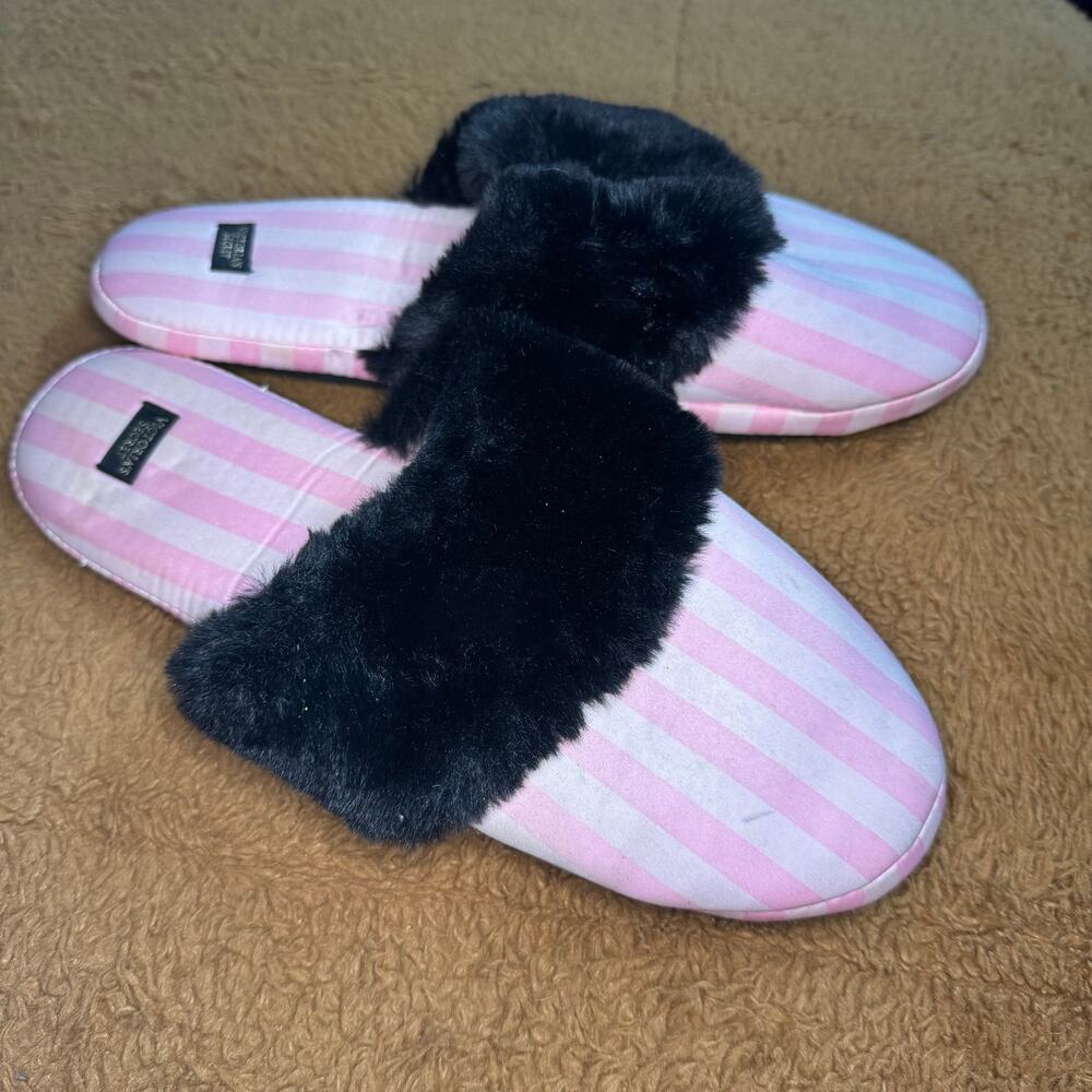 Victoria’s Secret Pink White Striped Faux Fur Slide Slippers Size Large